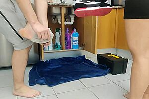 A mature woman has a hidden camera and watches her wife have sex with a plumber