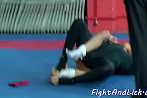 Cheerleader Licks Babe's Ass In Spandex Wrestling