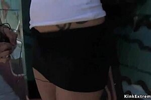 Outdoor exhibition of handcuffed blonde giving blow job