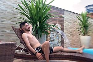 Marcos goiano bends over for joseph dotado's bareback creampie in the pool.