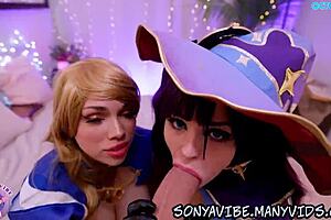 Mona and Lisa in Genshin cosplay fucking and squirting