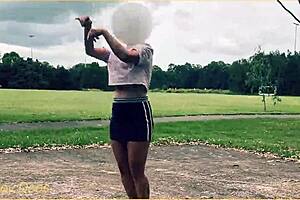 braless milf flashes in short skirt playing basketball outdoors—no panties!