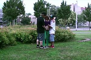 Yo, watch Alexis Crystal take on two teen guys in a wild street orgy!