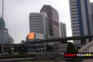 Petite asian teen meets backpacker in public outdoor spot