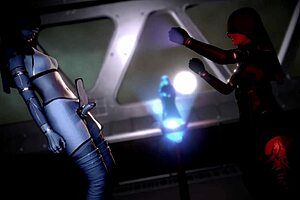 Big-tits futanari in anime outfit gives space handjob with telekinesis