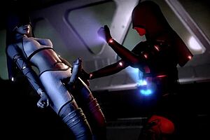 Big-tits futanari in anime outfit gives space handjob with telekinesis