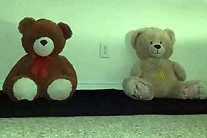 Enjoying Threesome With Furry Toy Bears