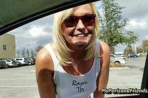 blonde paris flashes shaved pussy and gets oral outdoors