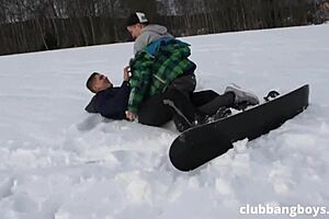 three gay snowboarders fuck wildly after the slope!
