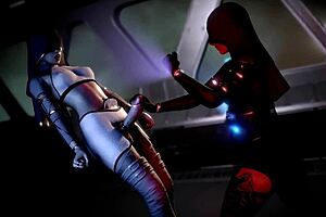 Big-tits futanari in anime outfit gives space handjob with telekinesis