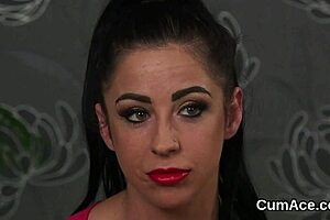 Sexy beauty gulps jizz load on her face!