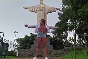 Tanned shaved amateur exhibitionist has sex at famous tourist spot