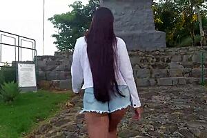 Tanned shaved amateur exhibitionist has sex at famous tourist spot