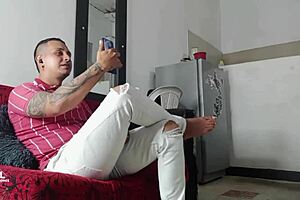 unfaithful husband talks to wife on phone while lover sucks dick and fucks him at work