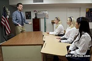 Big dick sharing foursome in classroom with teacher uniform blowjobs.
