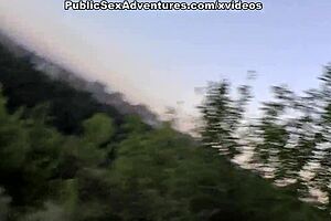 brunette flashing her tits in public street