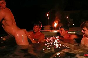 late night hot tub fuckfest with finn august, ethan adams, colby chambers, and mickey knox barebacking rough and wild!