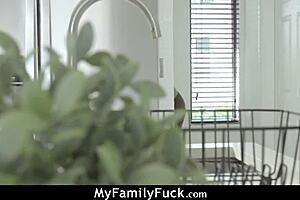 Pounding tiny stepsister under dad's nose!