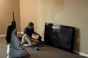 Curvy latina wife passionately cheats with cable guy, overwhelmed by desire while husband is away