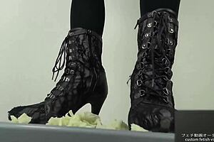 Asian lady stomps noodles in boots for foodcrush fetish