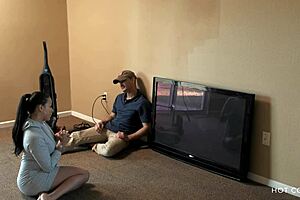 Curvy latina wife passionately cheats with cable guy, overwhelmed by desire while husband is away