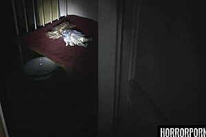 this horror porn features a demon gripping the brunette for a hardcore blowjob
