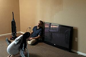 Curvy latina wife passionately cheats with cable guy, overwhelmed by desire while husband is away