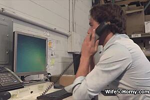 milf boss sneaks into the warehouse for a cheating blowjob on the new hard cock in stockings