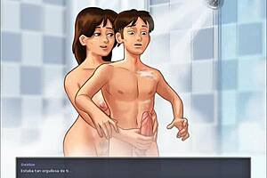 Beautiful brunette gets paja in the shower in 3D game