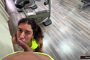 Risky public sex in gym with cum swallowing.