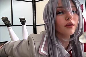Alya is a beautiful girl with blue eyes and she is teasing herself with a dildo