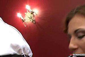 gorgeous brunette shoves huge cock in her ass.