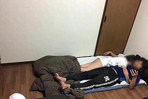 amateur asian couple with big tits having perverted sex in bedroom while kids are out