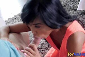 petite asian teen dives into threeway suck and trib with cum in mouth! 🔥