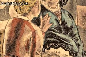 Vintage erotic illustration of retro anime hentai scenes