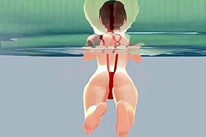 in this leo episode, the anime girl swims in a tiny micro bikini and has a nip slip.