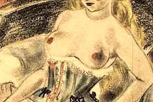 Vintage erotic illustration of retro anime hentai scenes