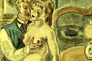 Vintage erotic illustration of retro anime hentai scenes