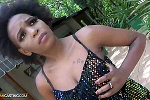 busty ebony in sequin dress says, 'wow, that's huge!' during african casting blowjob and riding.