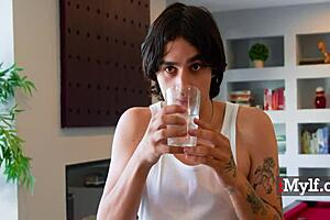 a seductive blonde milf offers her big tits to the neighbor for chores