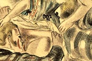 Vintage erotic illustration of retro anime hentai scenes