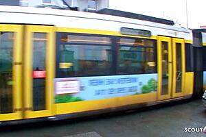 German milf in leather leggings fucked at street casting