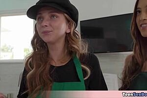 Petite teens get cooked in steamy kitchen orgies