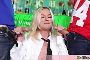 It's free use day in the stadium, and we picked this pretty blonde waitress for blowjobs and fucking