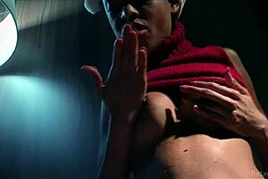 Slender Brazilian babe Luna C masturbating with fingers on Christmas, natural tits