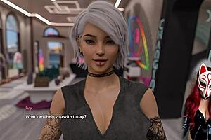 College brunette tries on sexy dress in public changing room, leading to cartoon sex game