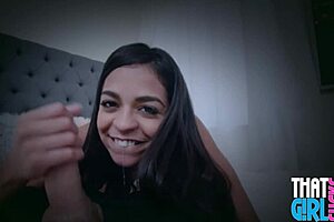 Close up of a petite latina teen sucking a big cock in HD