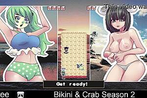 bikini girls play crab game, stripping and ripping clothes in anime hentai style