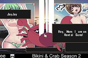bikini girls play crab game, stripping and ripping clothes in anime hentai style
