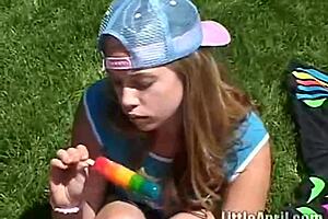 Little April Rubs Clit and Sucks Popsicle Outdoors!